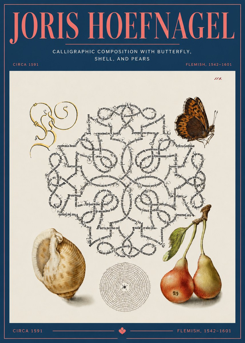 Joris Hoefnagel Calligraphic Composition with Butterfly, Shell, and Pears No4 - Póster