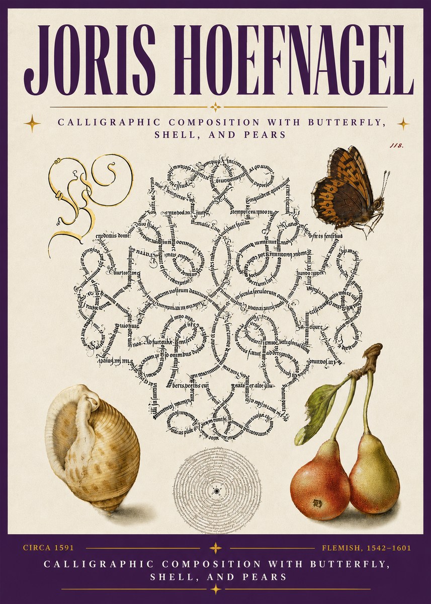 Joris Hoefnagel Calligraphic Composition with Butterfly, Shell, and Pears No6 - Póster