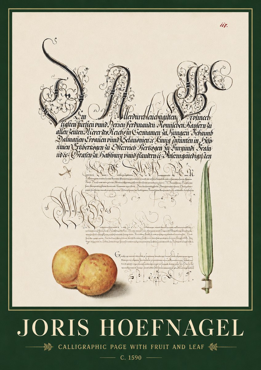Joris Hoefnagel Calligraphic Page with Fruit and Leaf No3 - Póster