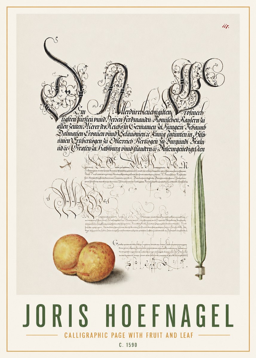 Joris Hoefnagel Calligraphic Page with Fruit and Leaf No4 - Póster