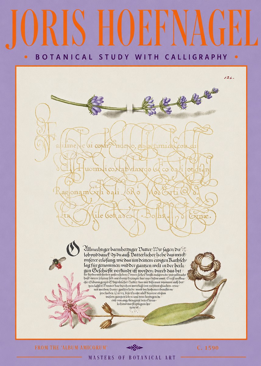 Joris Hoefnagel Botanical Study with Calligraphy IV No3 - Póster