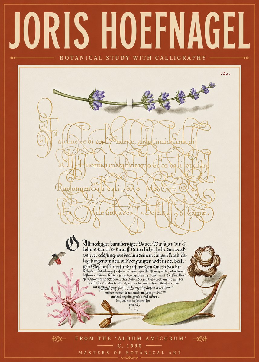 Joris Hoefnagel Botanical Study with Calligraphy IV No6 - Póster