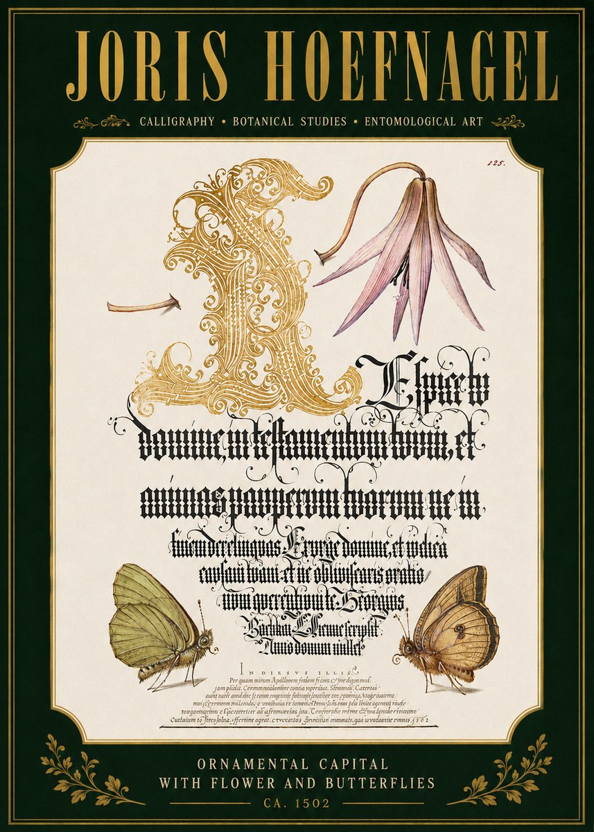 Joris Hoefnagel Ornamental Capital with Flower and Butterflies No4 - Póster