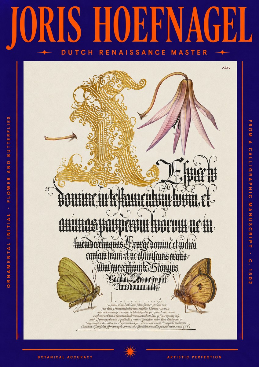 Joris Hoefnagel Ornamental Capital with Flower and Butterflies No6 - Póster