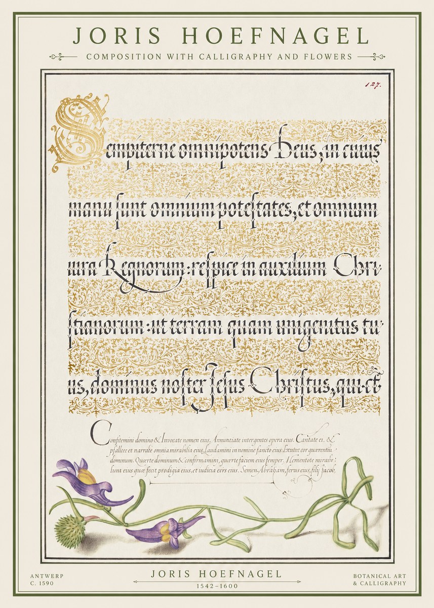 Joris Hoefnagel Composition with Calligraphy and Flowers No1 - Póster