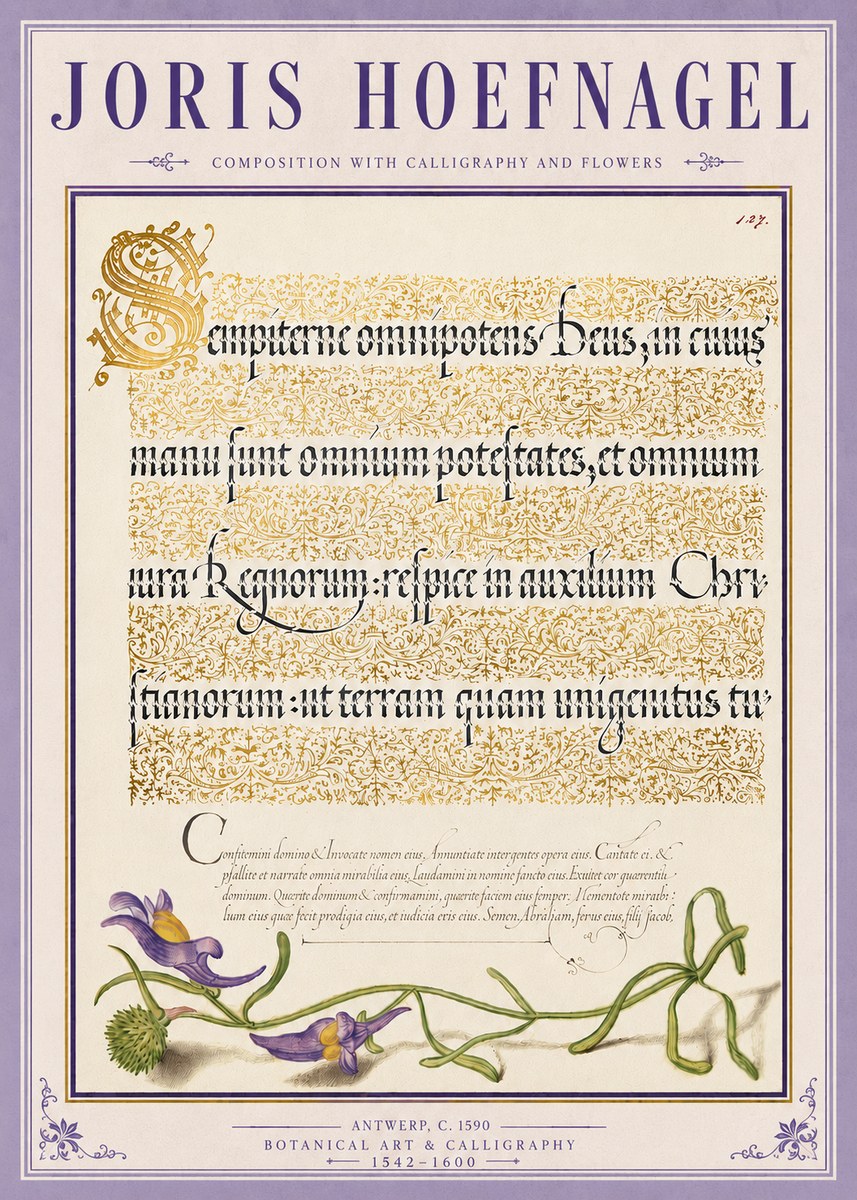 Joris Hoefnagel Composition with Calligraphy and Flowers No4 - Póster