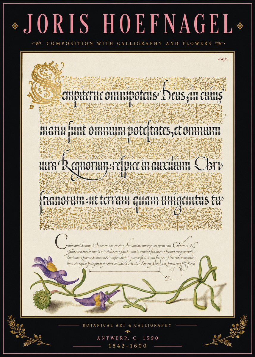 Joris Hoefnagel Composition with Calligraphy and Flowers No5 - Póster