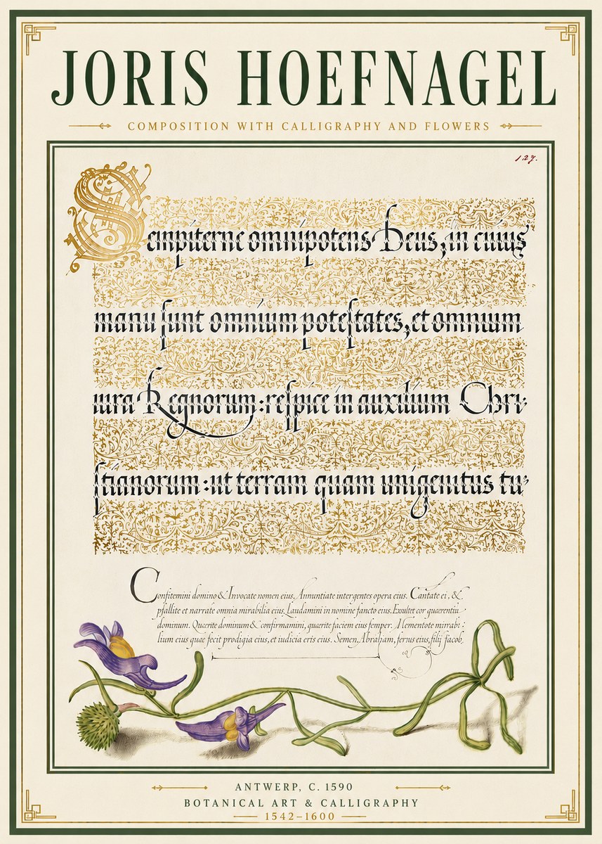 Joris Hoefnagel Composition with Calligraphy and Flowers No6 - Póster