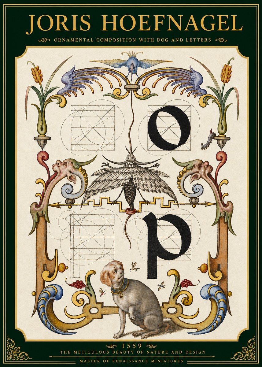 Joris Hoefnagel Ornamental Composition with Dog and Letters No5 - Póster