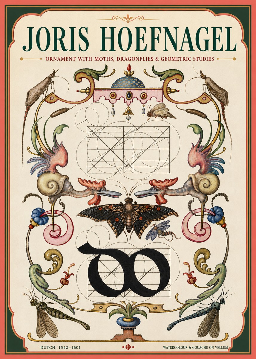 Joris Hoefnagel Ornament with Moths, Dragonflies & Geometric Studies No4 - Póster