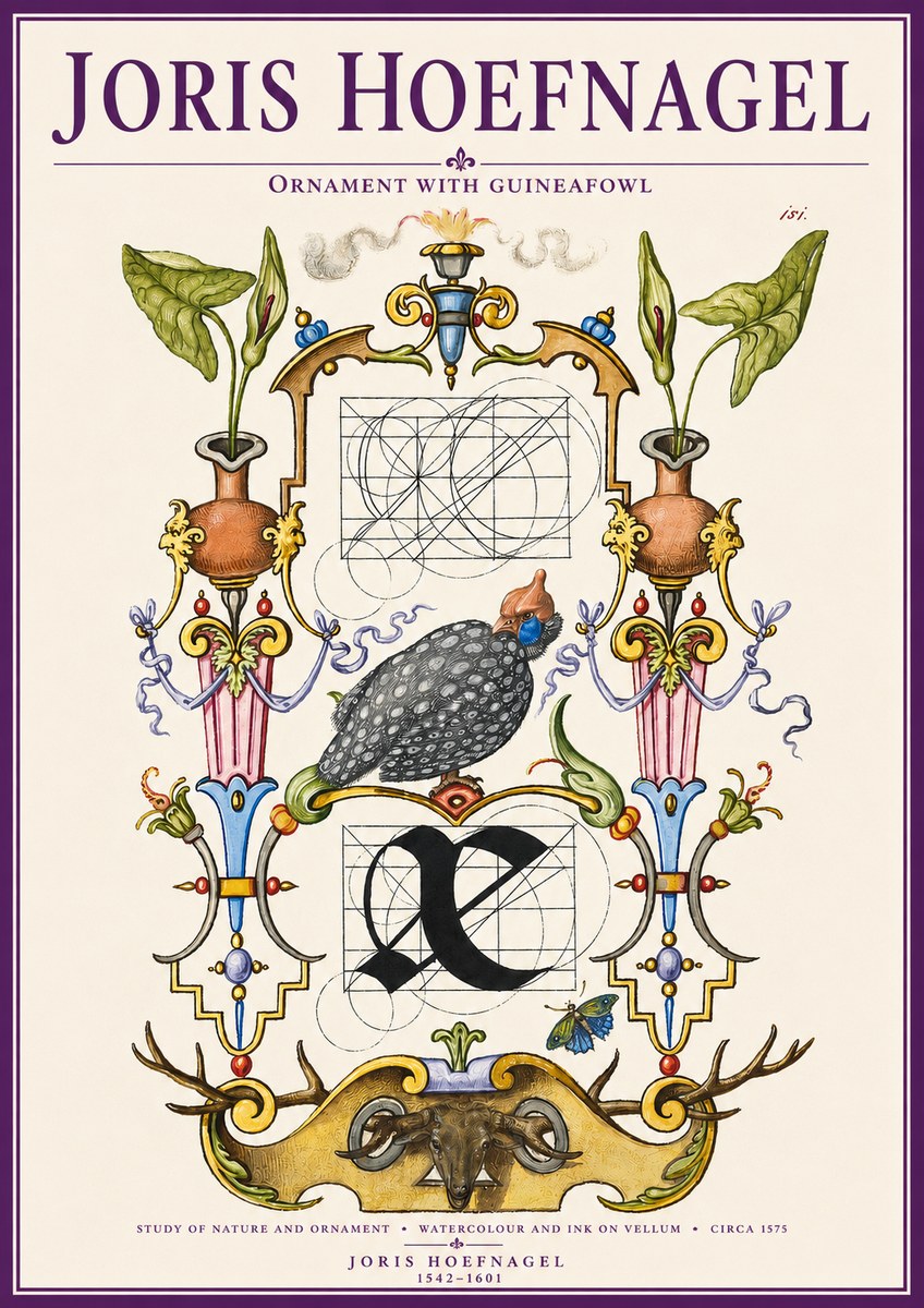 Joris Hoefnagel Ornament with Guineafowl No3 - Póster