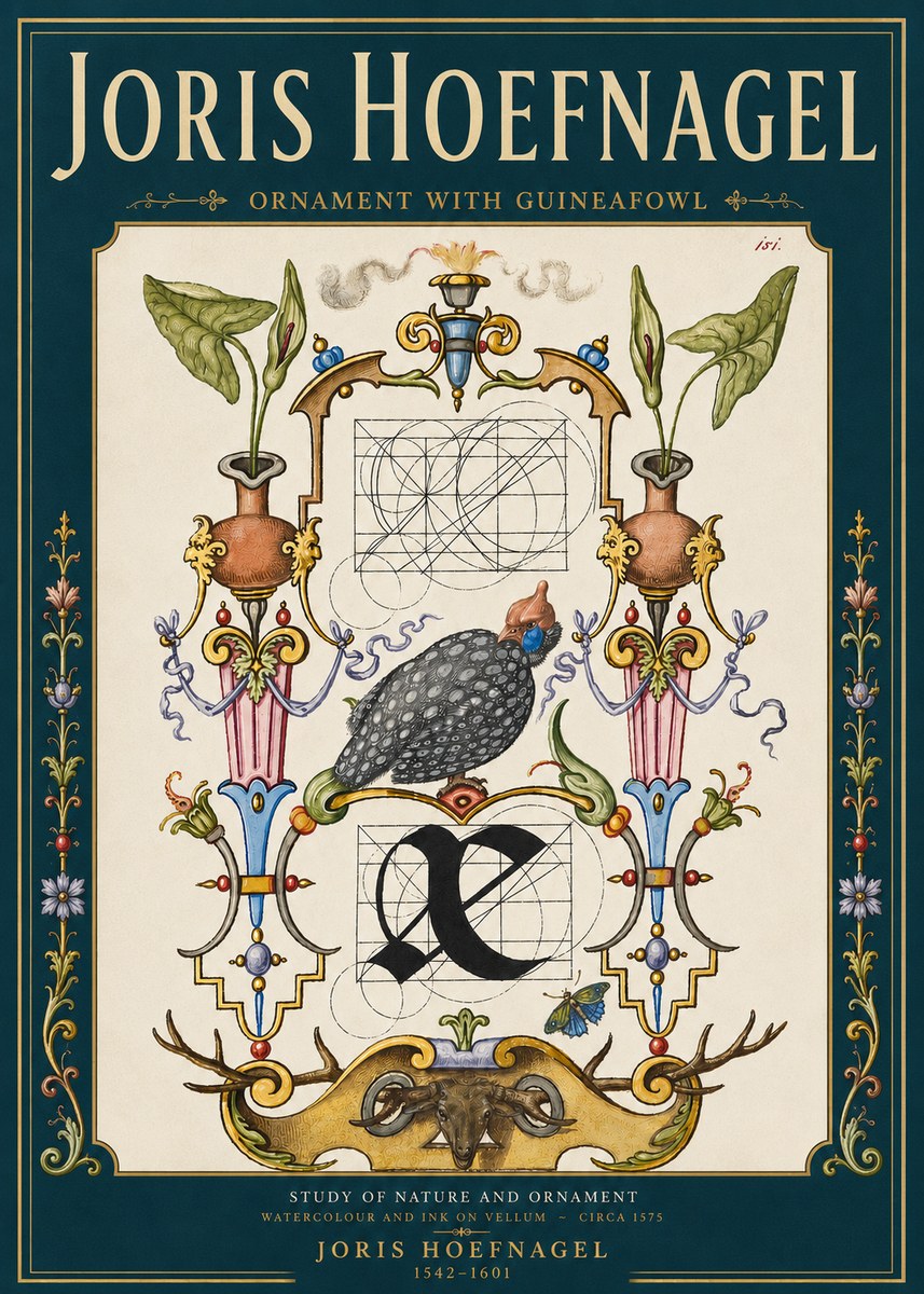 Joris Hoefnagel Ornament with Guineafowl No4 - Póster