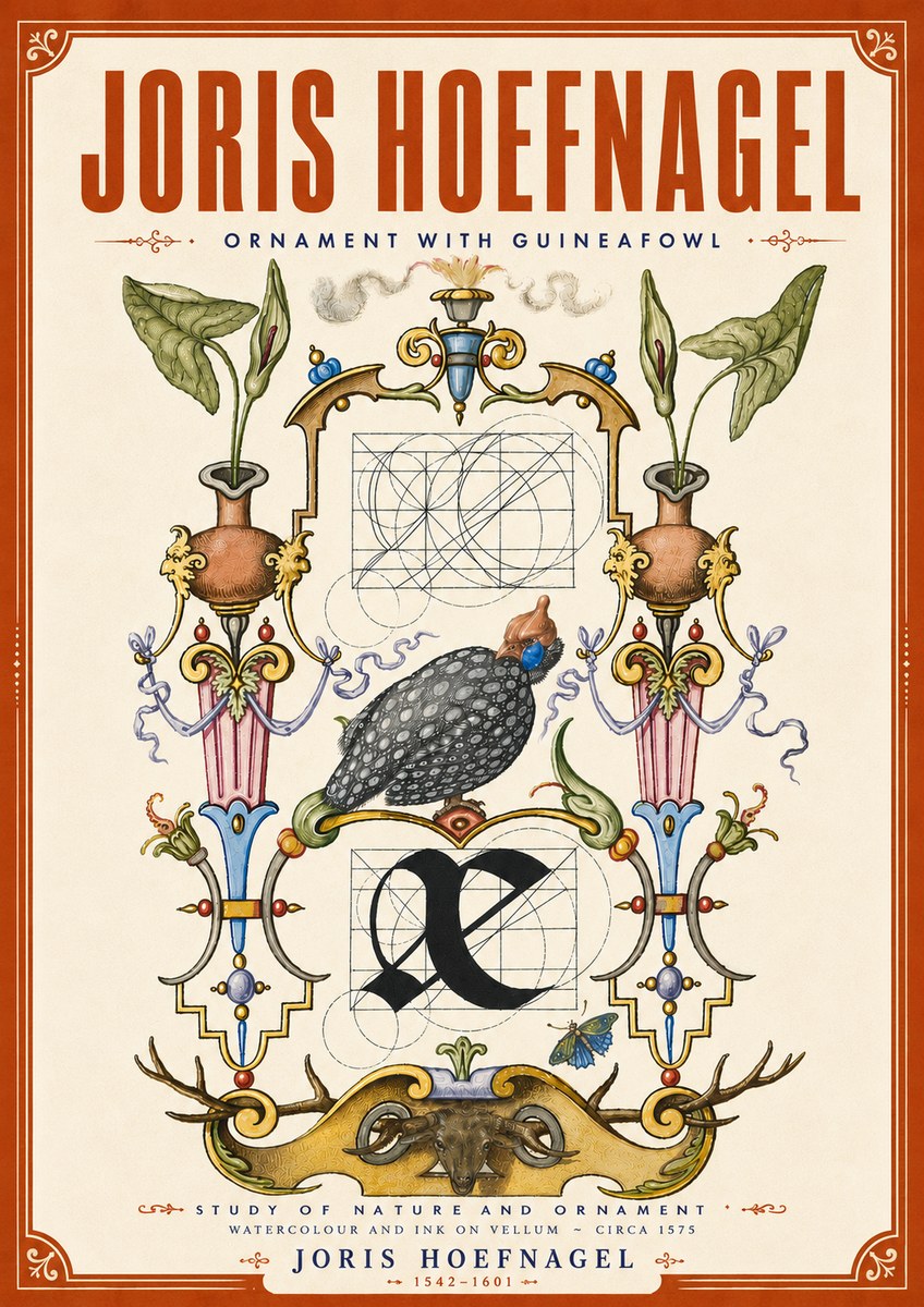 Joris Hoefnagel Ornament with Guineafowl No6 - Póster