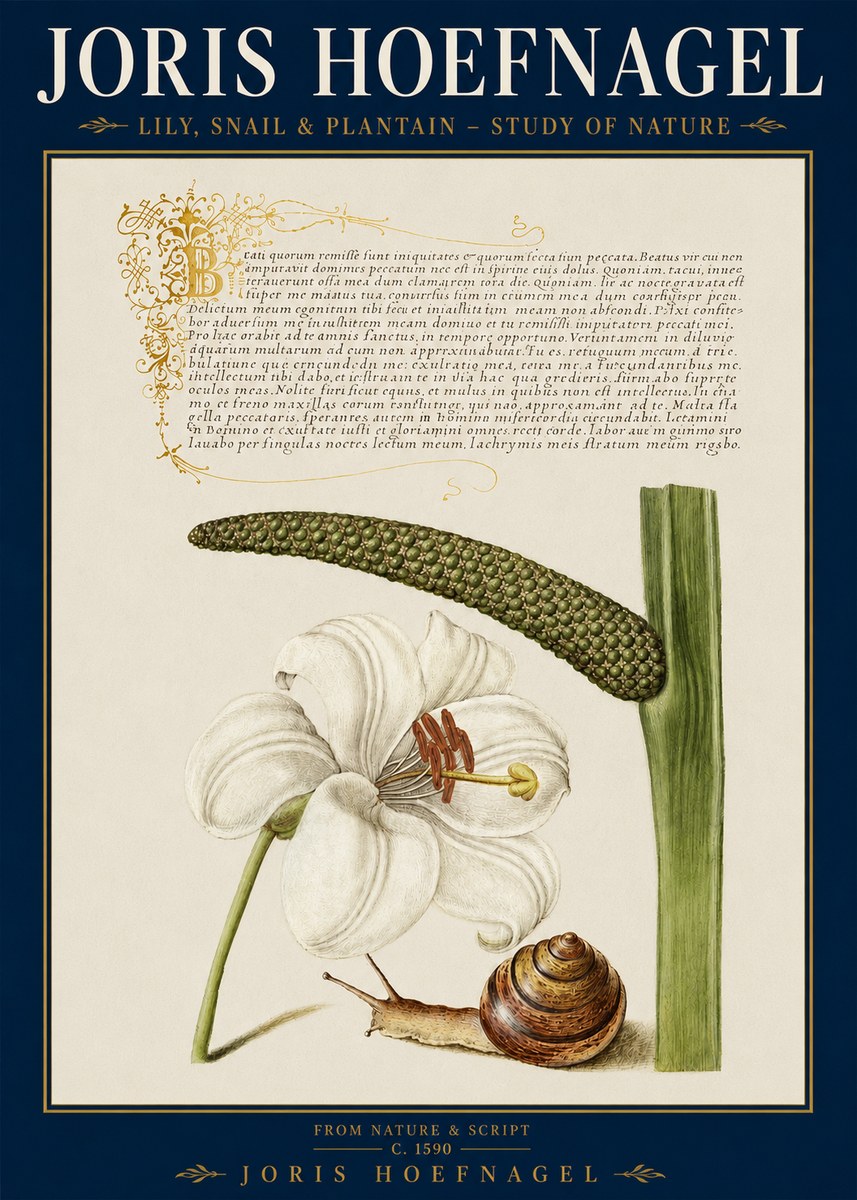 Joris Hoefnagel Lily, Snail & Plantain - Study of Nature No3 - Póster