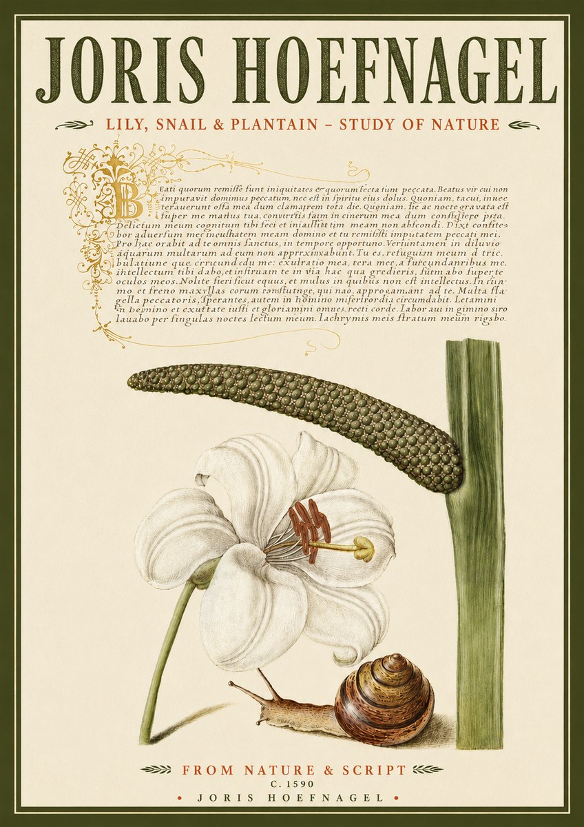 Joris Hoefnagel Lily, Snail & Plantain - Study of Nature No4 - Póster