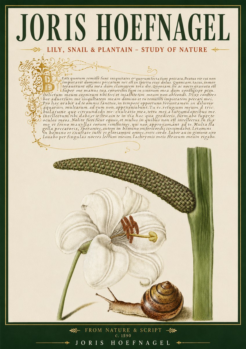 Joris Hoefnagel Lily, Snail & Plantain - Study of Nature No5 - Póster
