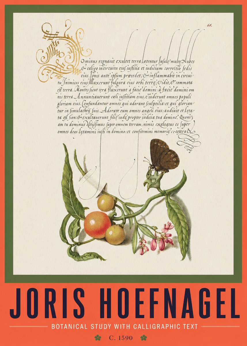 Joris Hoefnagel Botanical Study with Calligraphic Text No2 - Póster