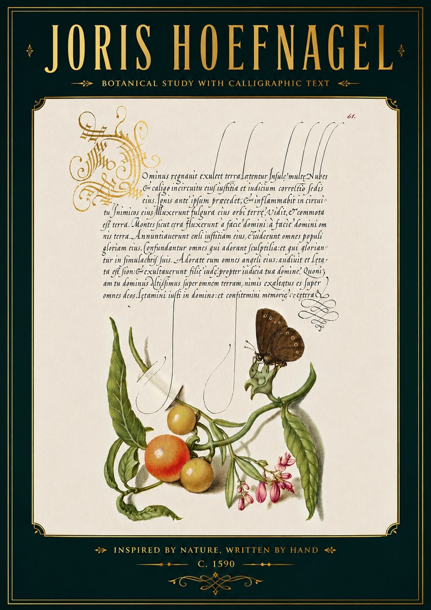Joris Hoefnagel Botanical Study with Calligraphic Text No5 - Póster