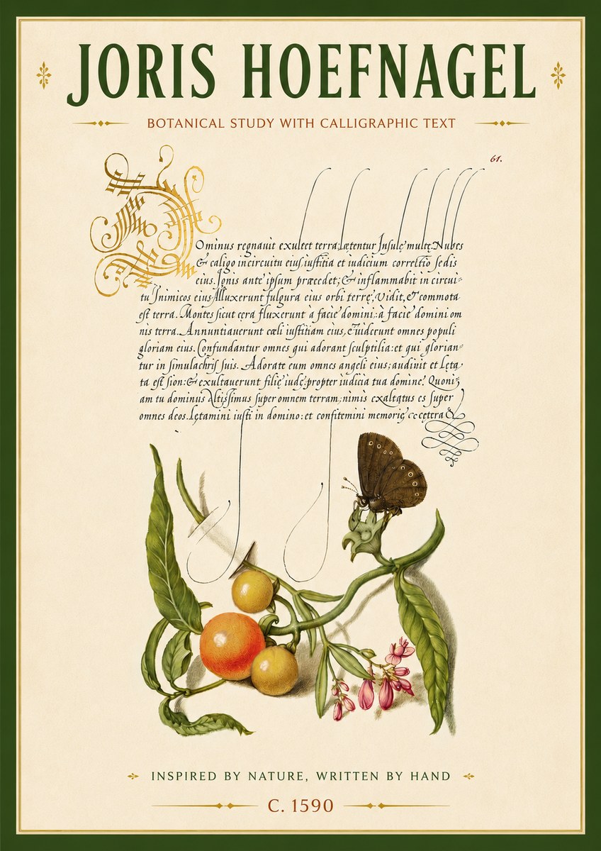 Joris Hoefnagel Botanical Study with Calligraphic Text No6 - Póster