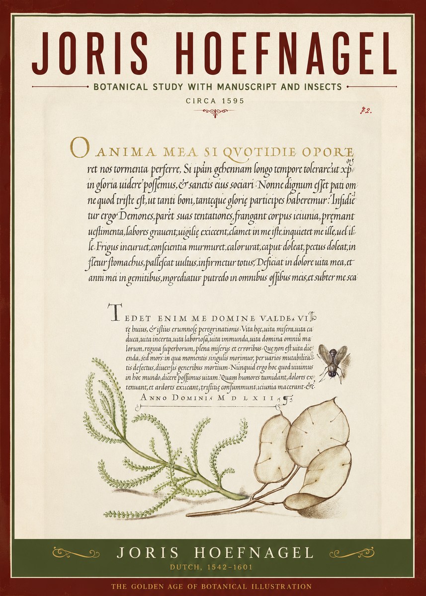 Joris Hoefnagel Botanical Study with Manuscript and Insects No2 - Póster