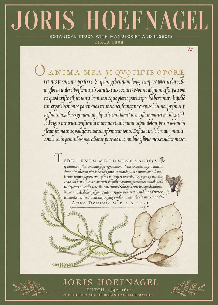 Joris Hoefnagel Botanical Study with Manuscript and Insects No3 - Póster
