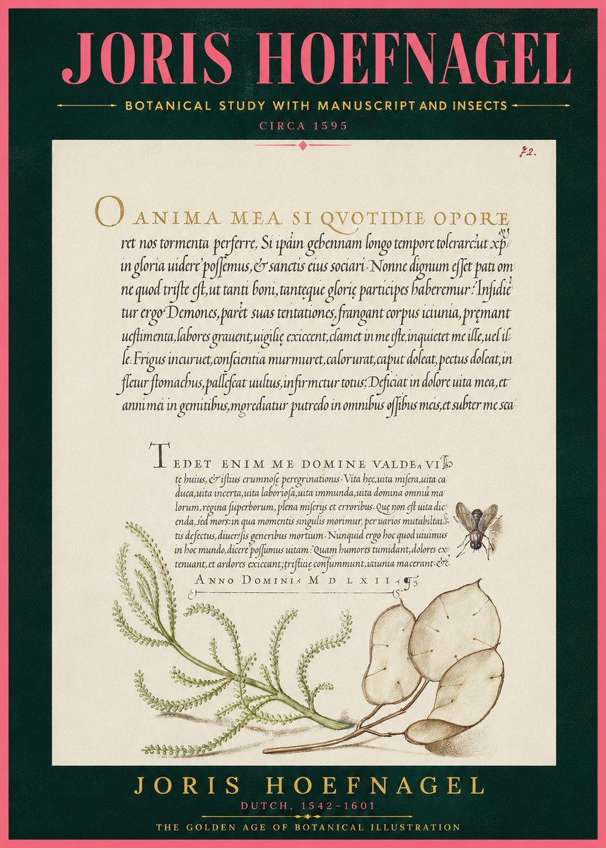 Joris Hoefnagel Botanical Study with Manuscript and Insects No4 - Póster
