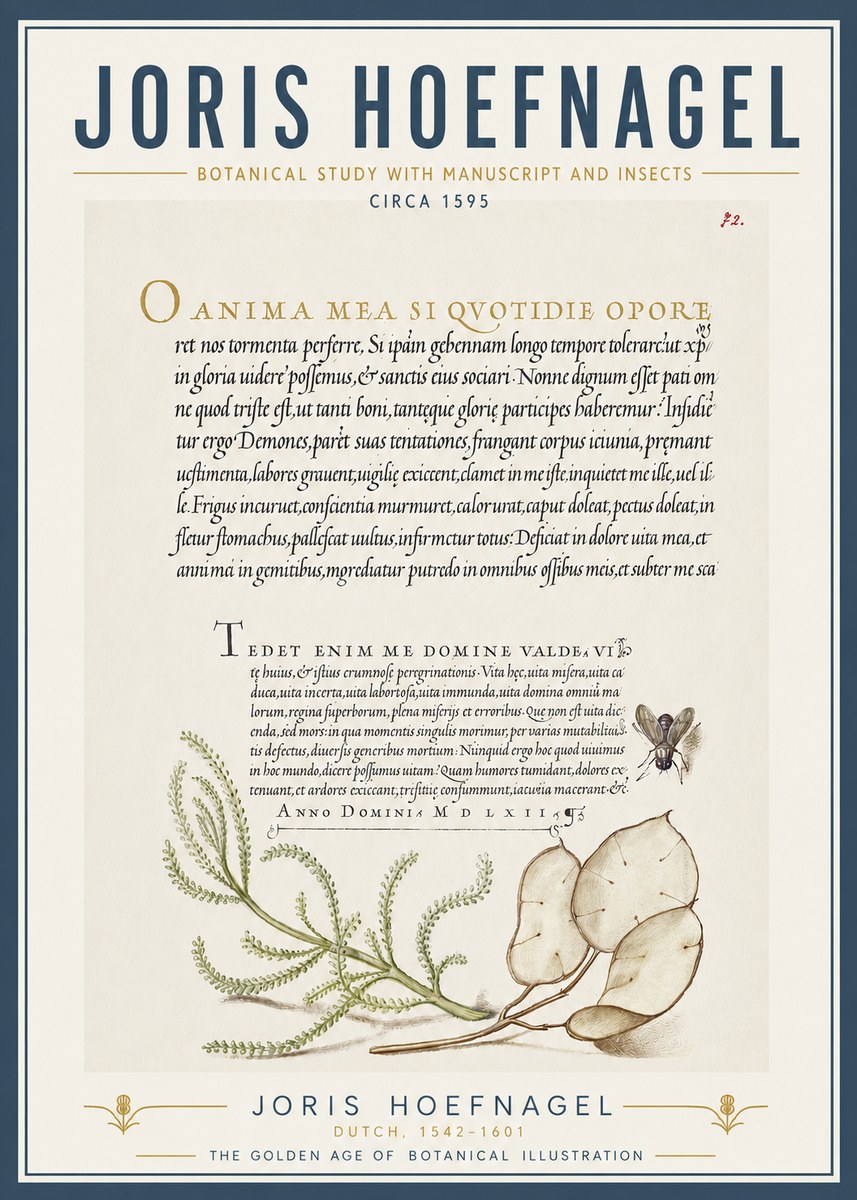 Joris Hoefnagel Botanical Study with Manuscript and Insects No5 - Póster
