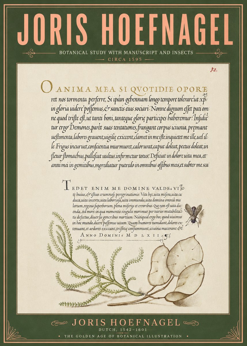 Joris Hoefnagel Botanical Study with Manuscript and Insects No6 - Póster