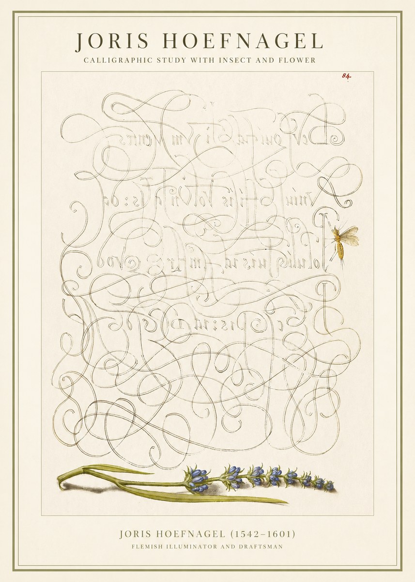 Joris Hoefnagel Calligraphic Study with Insect and Flower No1 - Póster