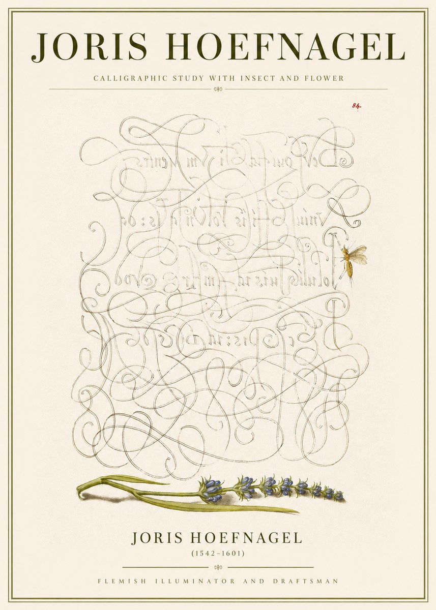 Joris Hoefnagel Calligraphic Study with Insect and Flower No3 - Póster