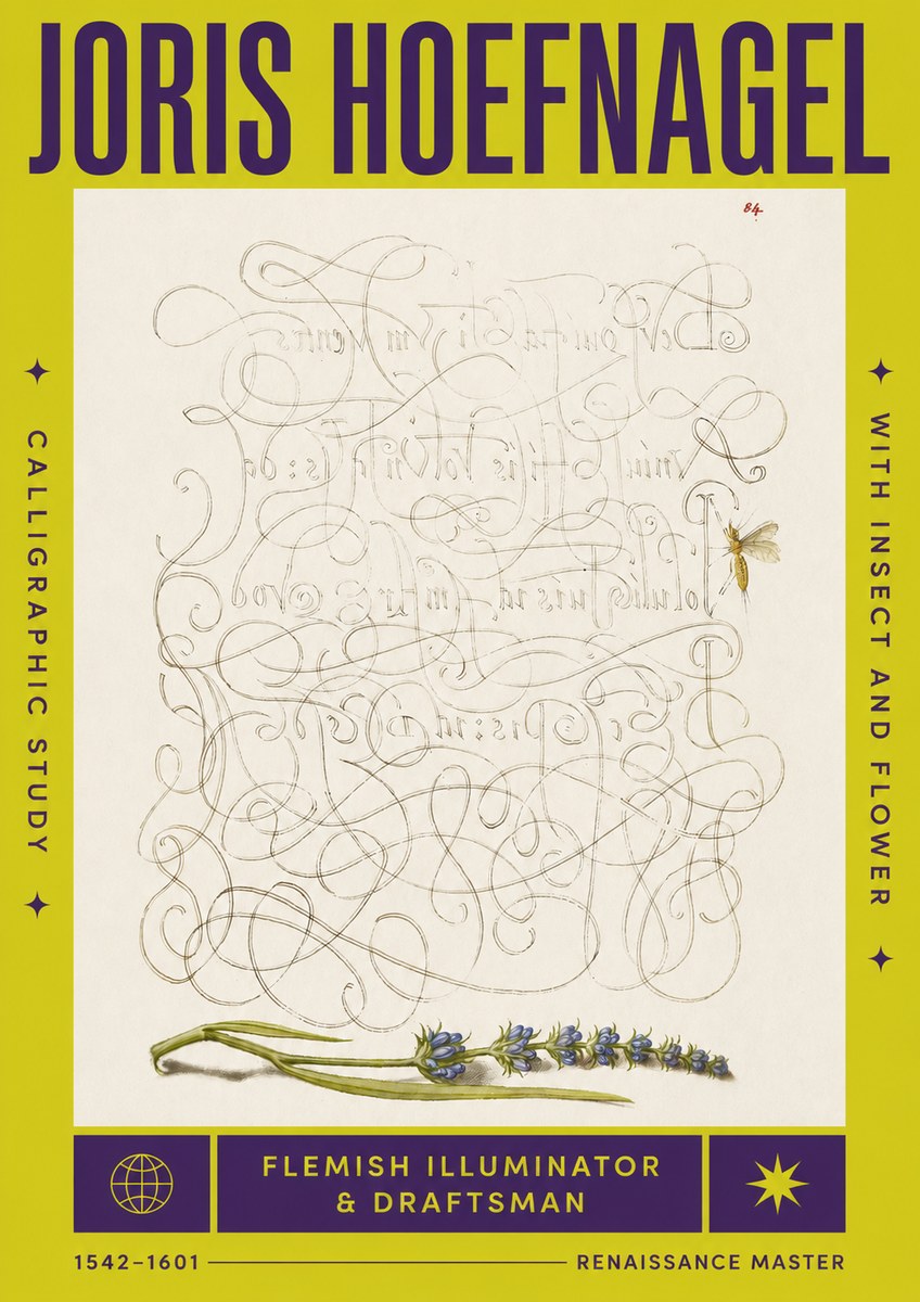 Joris Hoefnagel Calligraphic Study with Insect and Flower No4 - Póster