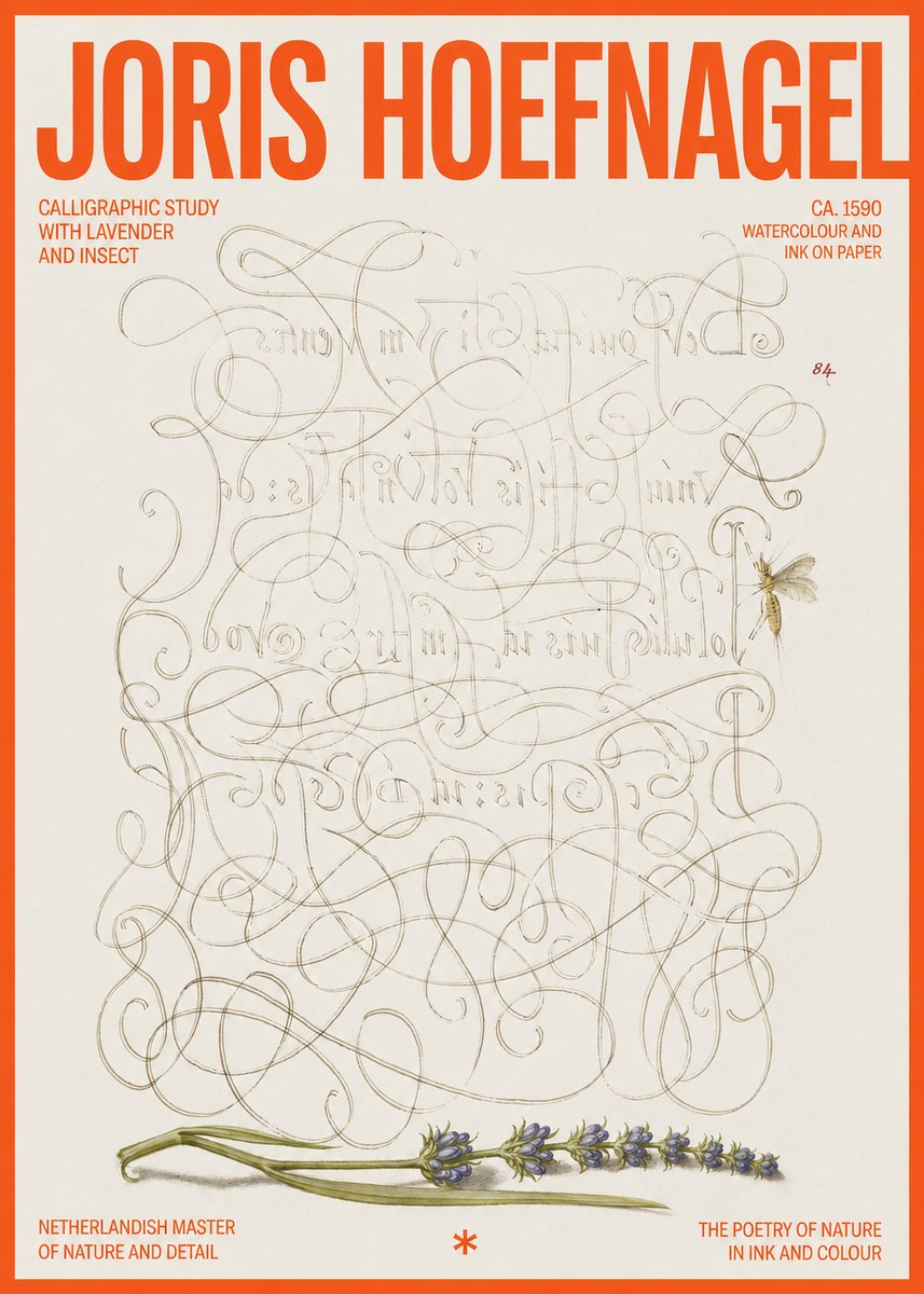 Joris Hoefnagel Calligraphic Study with Insect and Flower No6 - Póster