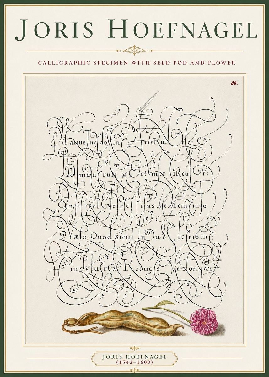 Joris Hoefnagel Calligraphic Specimen with Seed Pod and Flower No3 - Póster