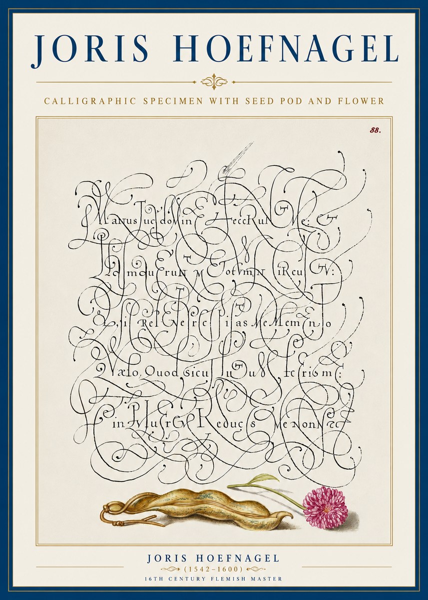 Joris Hoefnagel Calligraphic Specimen with Seed Pod and Flower No5 - Póster