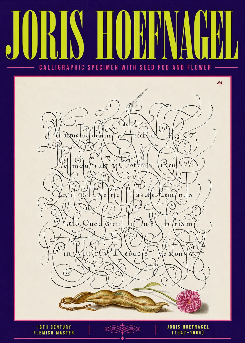 Joris Hoefnagel Calligraphic Specimen with Seed Pod and Flower No6 - Póster