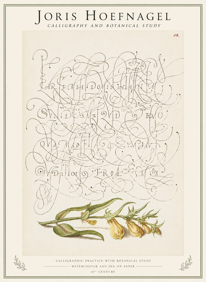 Joris Hoefnagel Calligraphic Practice with Botanical Study No1 - Póster