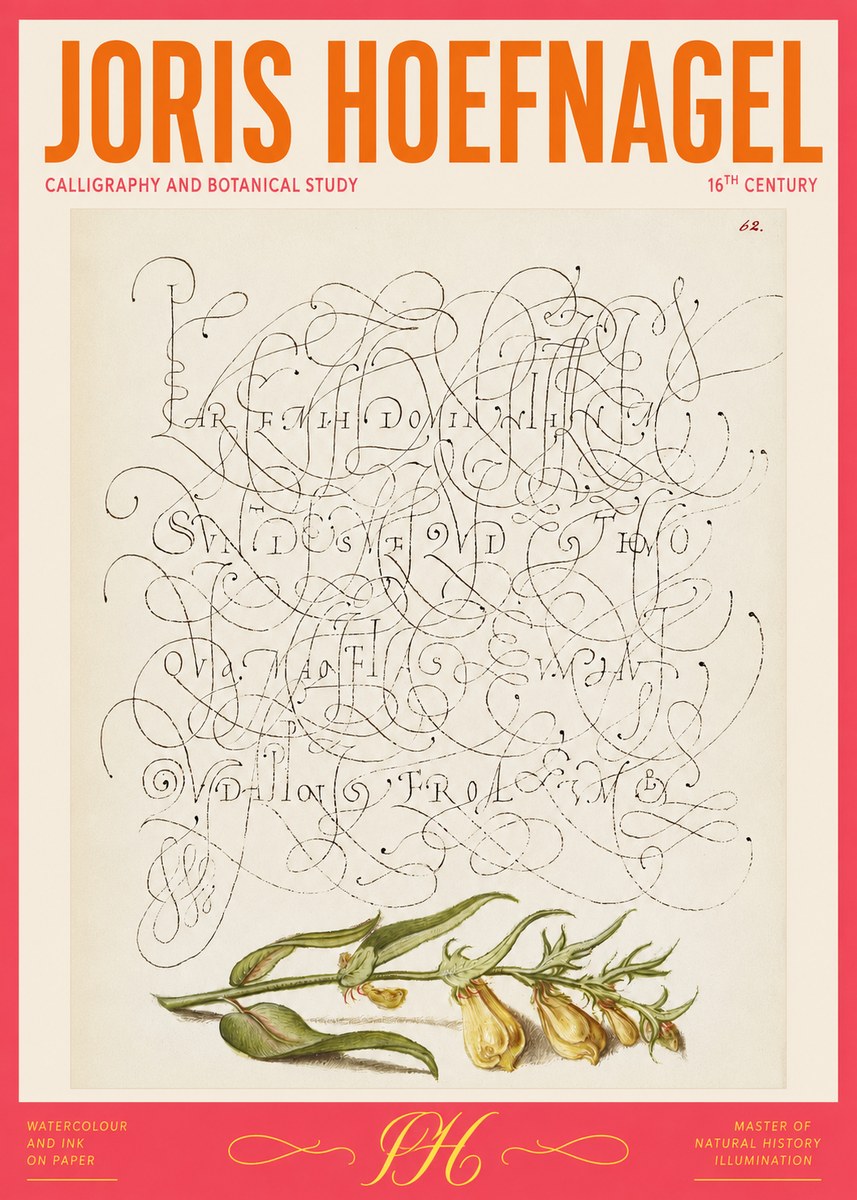 Joris Hoefnagel Calligraphic Practice with Botanical Study No2 - Póster