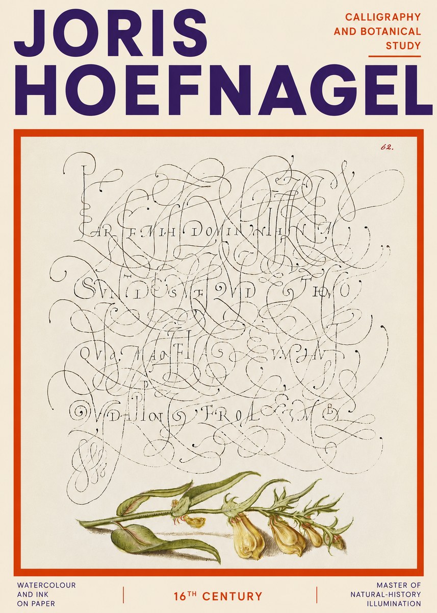 Joris Hoefnagel Calligraphic Practice with Botanical Study No4 - Póster