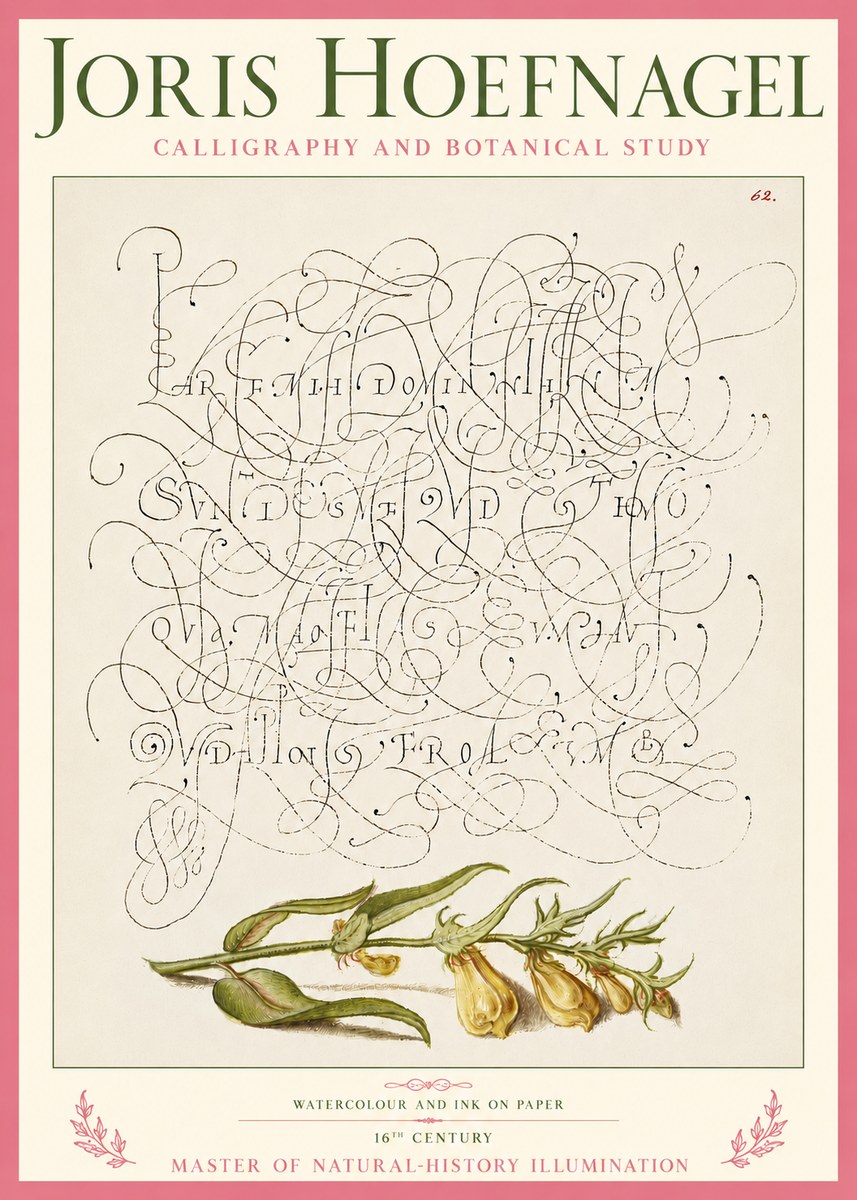 Joris Hoefnagel Calligraphic Practice with Botanical Study No5 - Póster