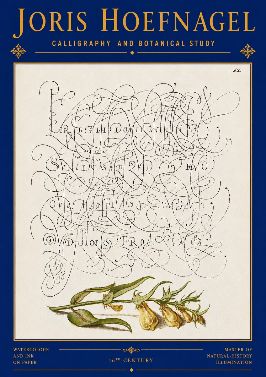 Joris Hoefnagel Calligraphic Practice with Botanical Study No6 - Póster