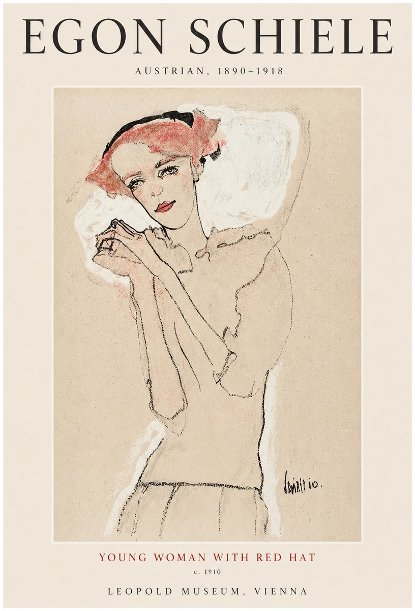 Schiele Young Woman with Red Hat No1 - Póster