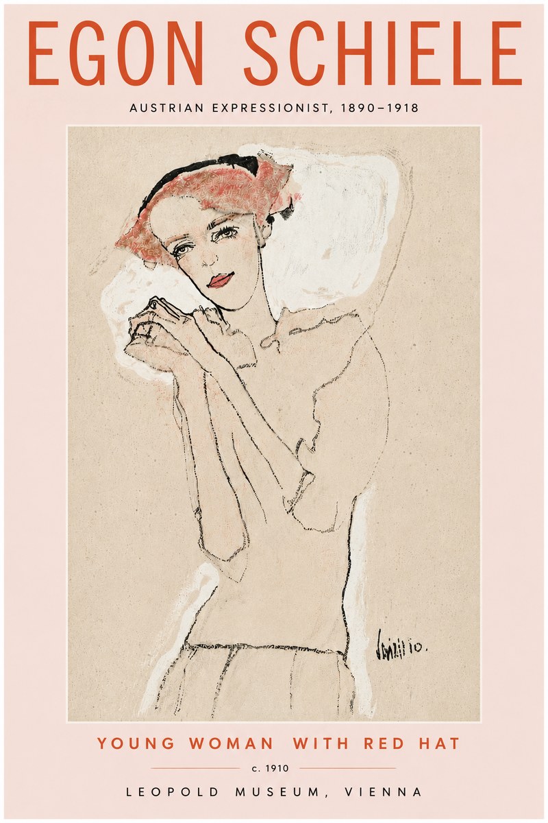 Schiele Young Woman with Red Hat No6 - Póster