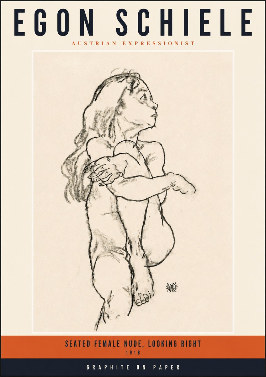 Schiele Seated Female Nude, Looking Right No2 - Póster