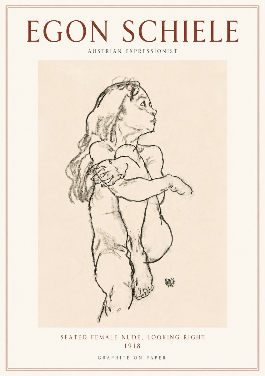 Schiele Seated Female Nude, Looking Right No3 - Póster