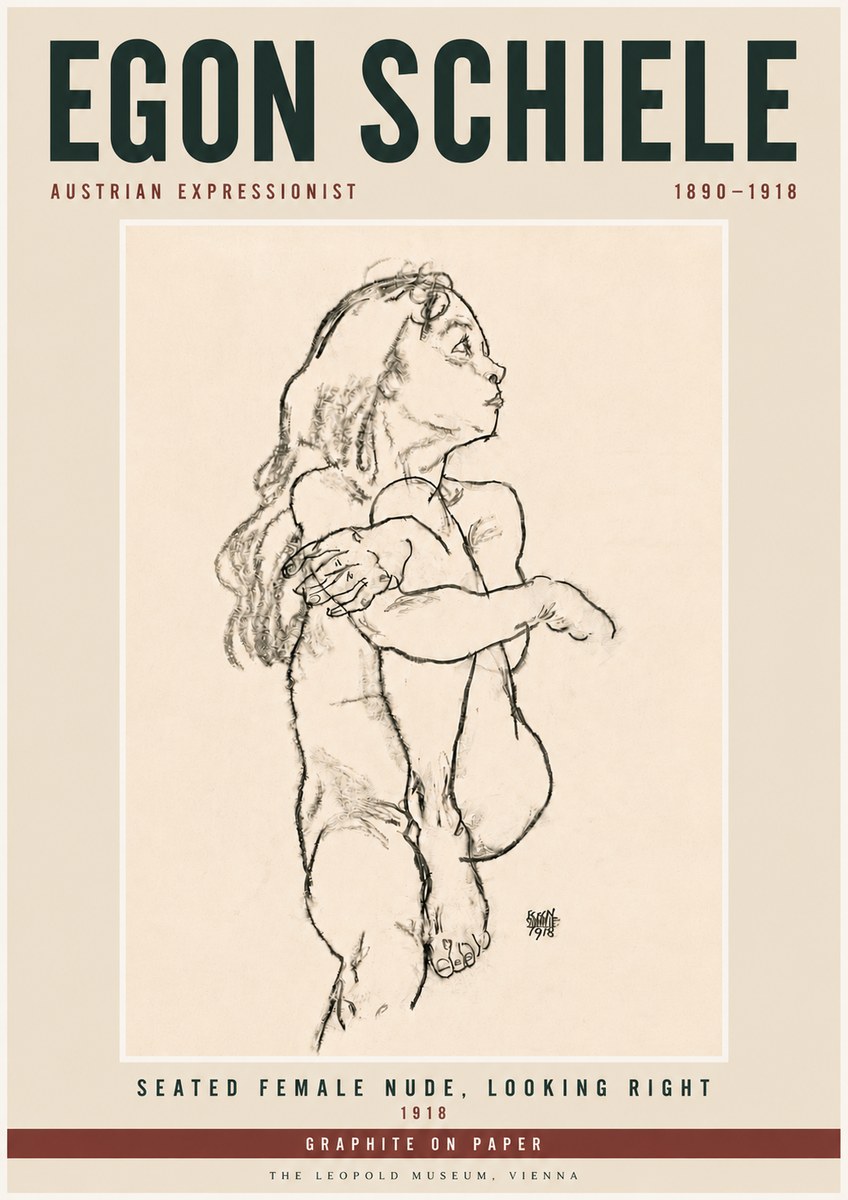 Schiele Seated Female Nude, Looking Right No6 - Póster