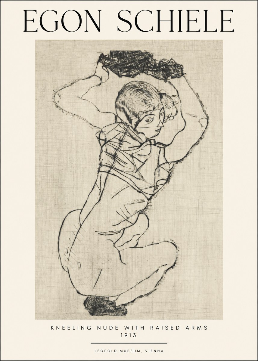 Schiele Kneeling Nude with Raised Arms No1 - Póster