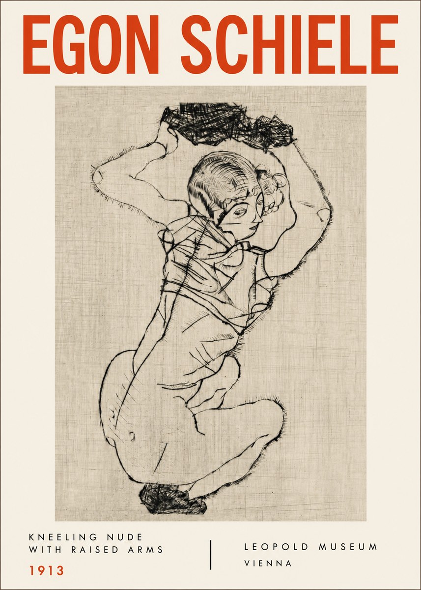 Schiele Kneeling Nude with Raised Arms No4 - Póster