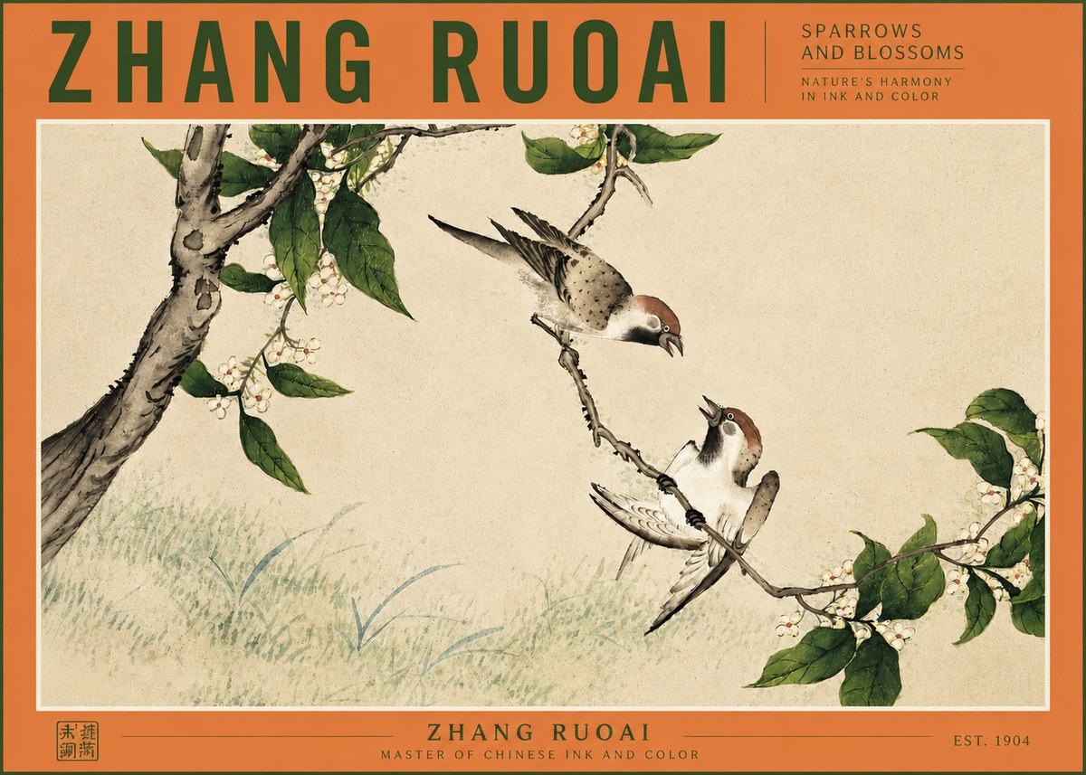 Zhang Ruoai Sparrows and Blossoms No3 - Póster