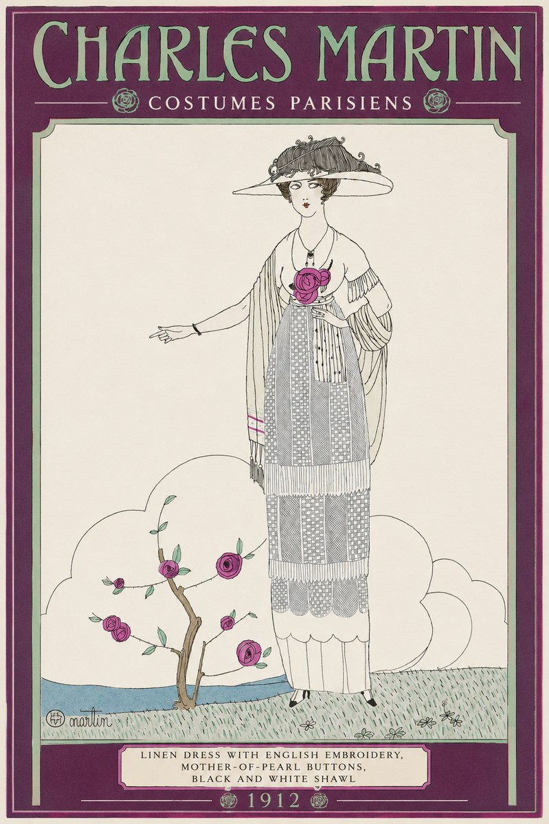 Charles Martin Linen Dress with English Embroidery, Mother-of-pearl Buttons, Black and White Shawl No2 - Póster