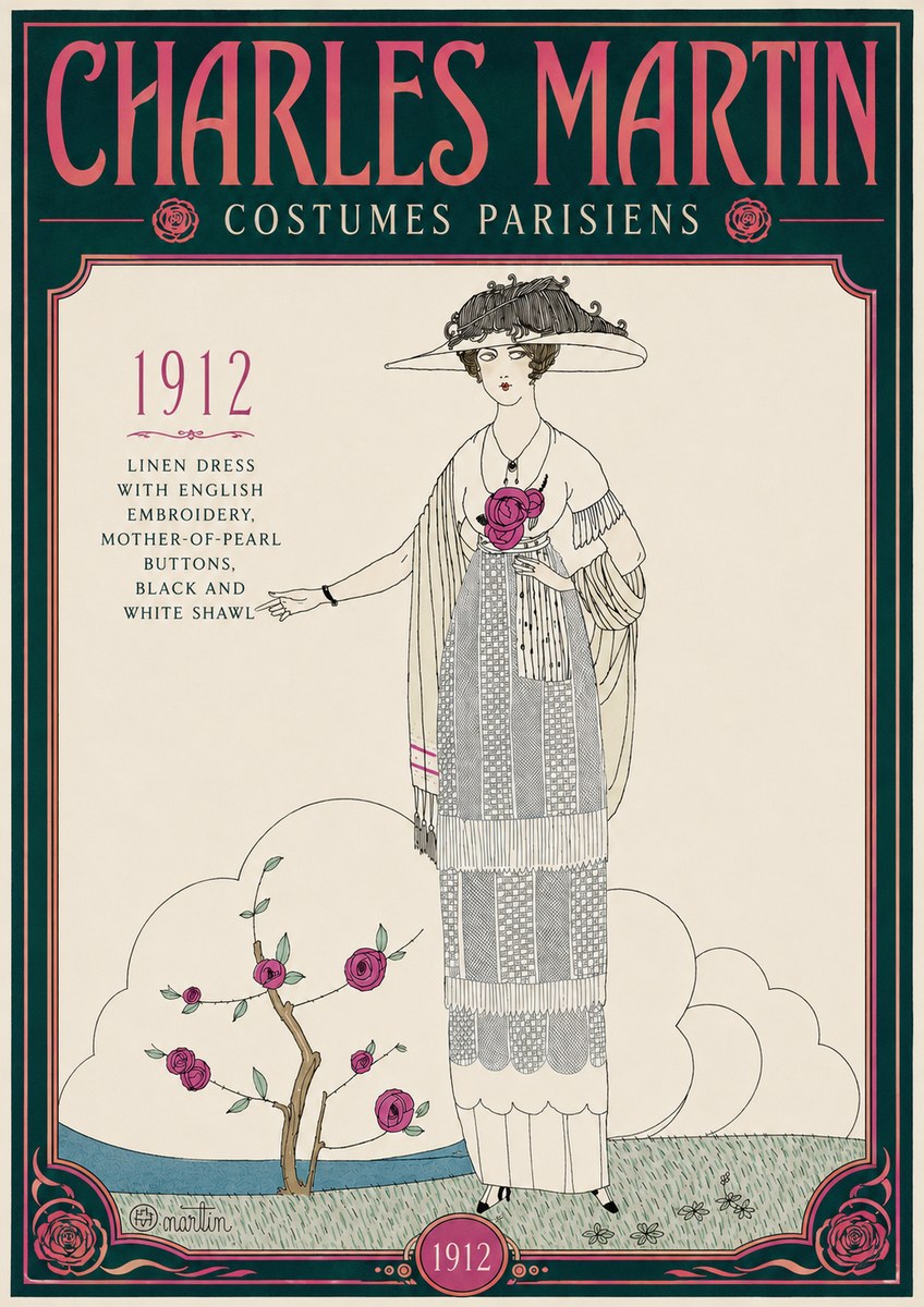 Charles Martin Linen Dress with English Embroidery, Mother-of-pearl Buttons, Black and White Shawl No4 - Póster
